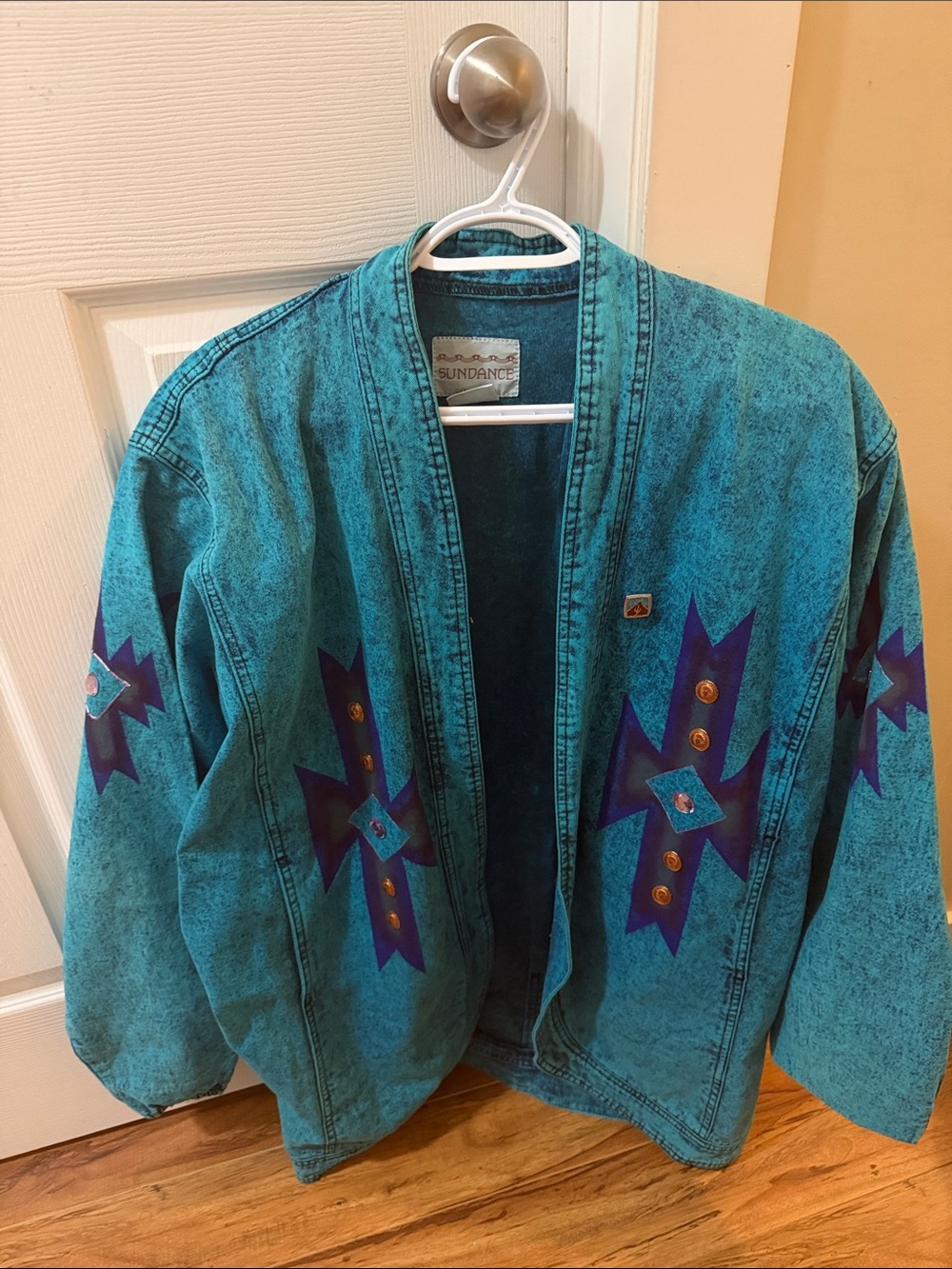 Vintage Sundance Teal women’s Jean Jacket with Purple Star Accents